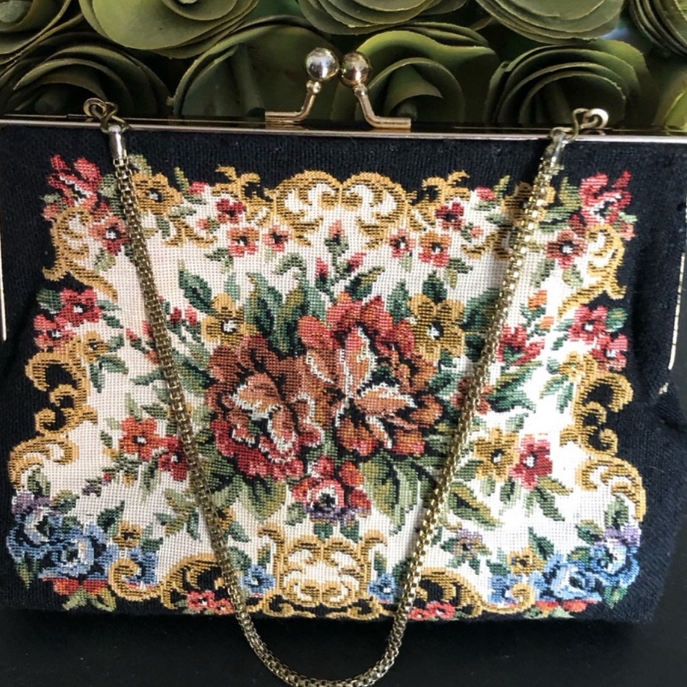 Vintage Black Petit Point Bag ,tapestry handbag.